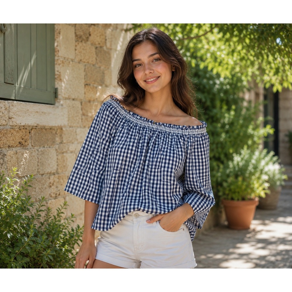 Madewell Gingham Smocked Top Womens Small Blue White Cottage Peasant Coastal
